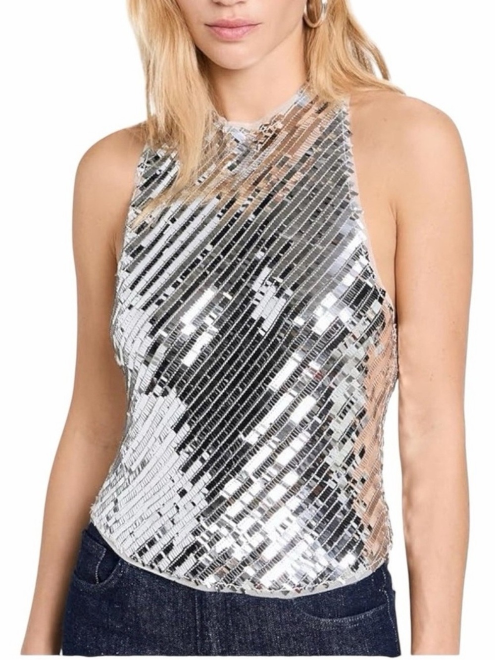 Silver Sequin Halter Tank Top - Women's Blouse